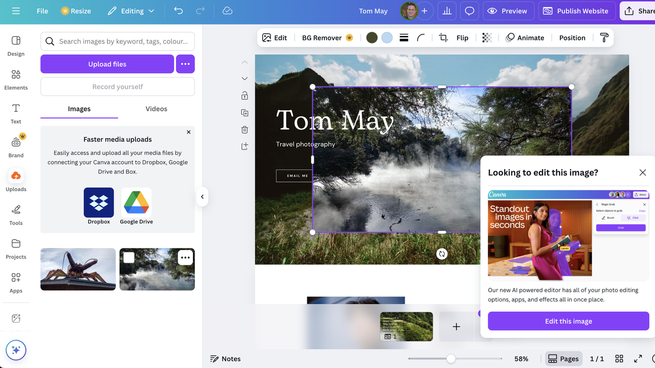 Website template being edited in Canva Websites