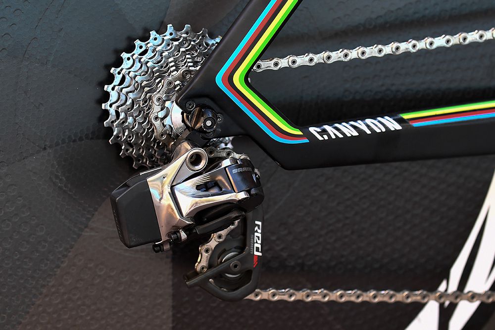 A SRAM Red rear derailleur keeps things moving on Tony Martin's Canyon Speedmax CF SLX time trial bike