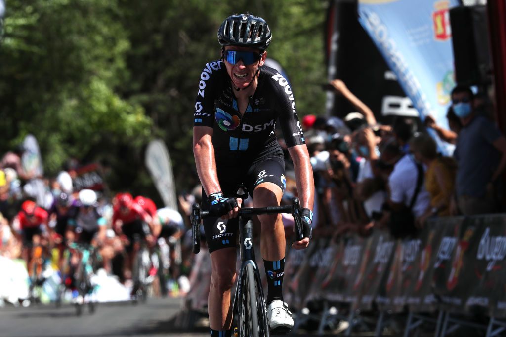 BURGOS SPAIN AUGUST 03 Romain Bardet of France and Team DSM at arrival during the 43rd Vuelta a Burgos 2021 Stage 1 a 161km stage from BurgosCatedral to BurgosAlto del Castillo 980m VueltaBurgos BurgosCycling CapitalMundialdelCiclismo catedral2021 on August 03 2021 in Burgos Spain Photo by Gonzalo Arroyo MorenoGetty Images