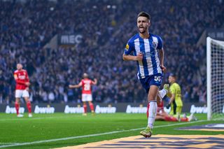 Fabio Vieira of FC Porto celebrates after scoring their side's first goal during the Liga Portugal Bwin match between FC Porto and SL Benfica at Estadio Do Dragao on December 30, 2021 in Porto, Portugal.
