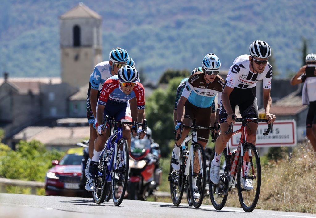 Team Jumbo rider New Zealands George Bennett R Team AG2R La Mondiale rider Frances Alexis Vuillermoz C and Team Total Direct Energie rider Frances Mathieu Burgaudeau L ride at the front of the race during the 4th stage of the 107th edition of the Tour de France cycling race 157 km between Sisteron and OrcieresMerlette on September 1 2020 Photo by KENZO TRIBOUILLARD AFP Photo by KENZO TRIBOUILLARDAFP via Getty Images