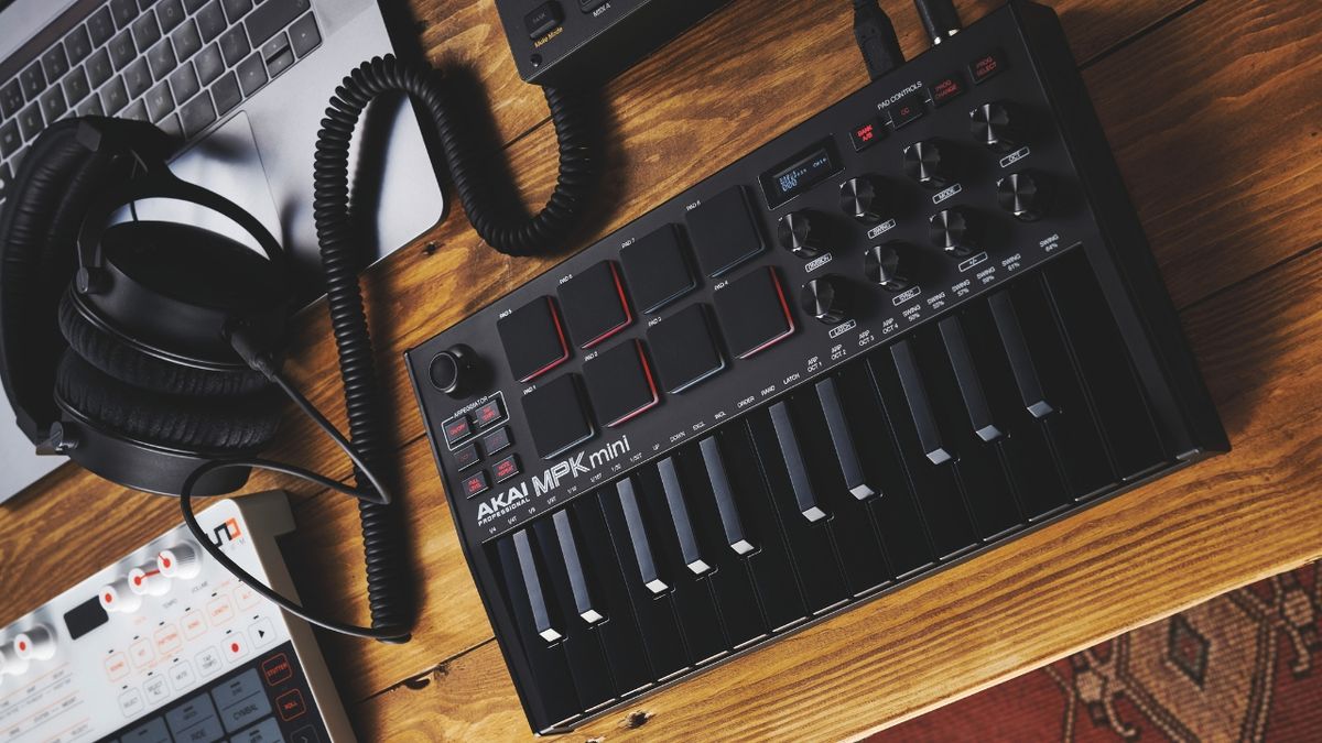 An Akai MPK Mini Mk3 MIDI keyboard on a desk