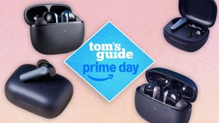 a composite image with a peach background and a blue diamond tom's guide deals badge with the earfun air pro 4, earfun air pro 3, earfun air 2, earfun air 2 NC wireless earbuds