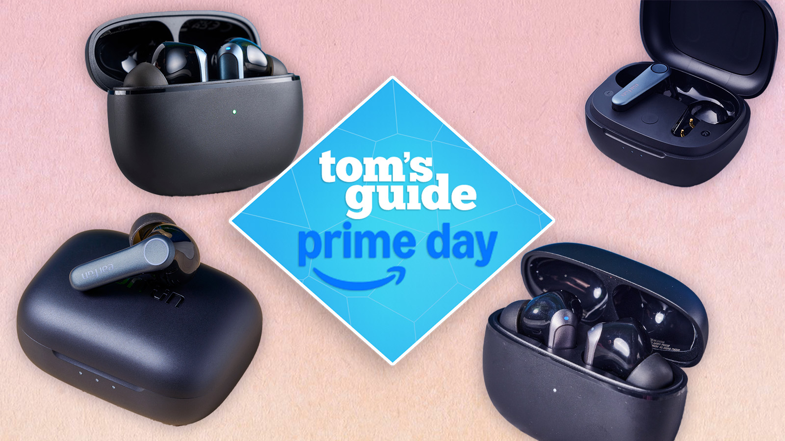 a composite image with a peach background and a blue diamond tom&#039;s guide deals badge with the earfun air pro 4, earfun air pro 3, earfun air 2, earfun air 2 NC wireless earbuds