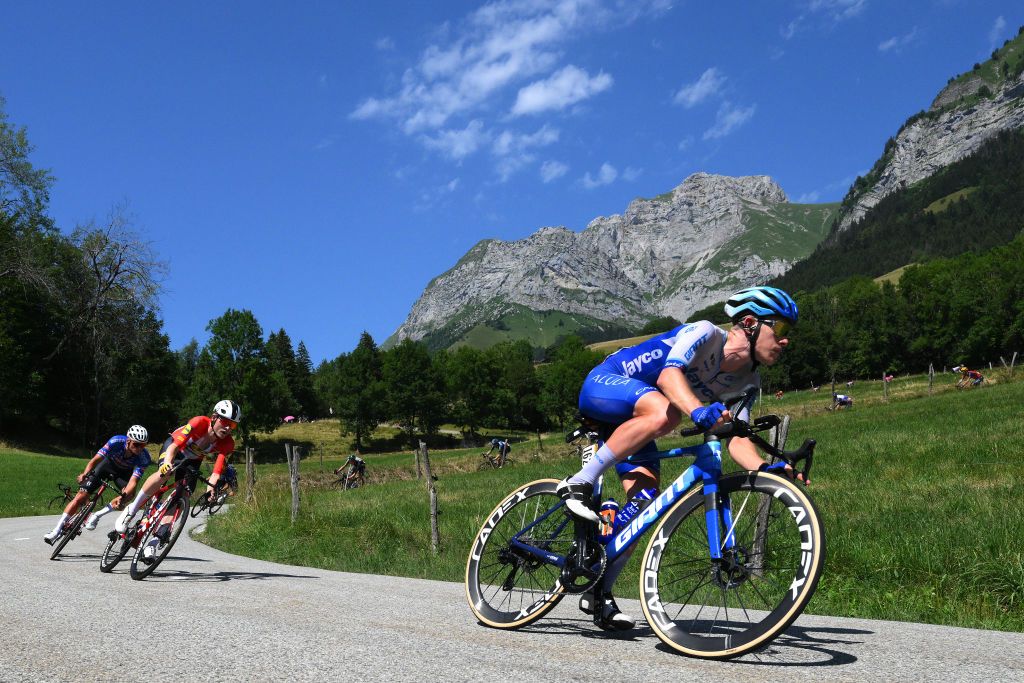 SAINTGERVAIS MONTBLANC FRANCE JULY 16 Lawson Craddock of The United States and Team JaycoAlUla competes climbing down the Col de la Forclaz de Montmin 1149m during the stage fifteen of the 110th Tour de France 2023 a 179km stage from Les Gets les Portes du Soleil to SaintGervais MontBlanc 1379m UCIWT on July 16 2023 in SaintGervais MontBlanc France Photo by David RamosGetty Images