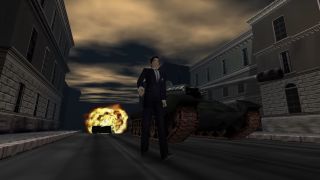James Bond walks away from an exploding tank in Goldeneye 007.