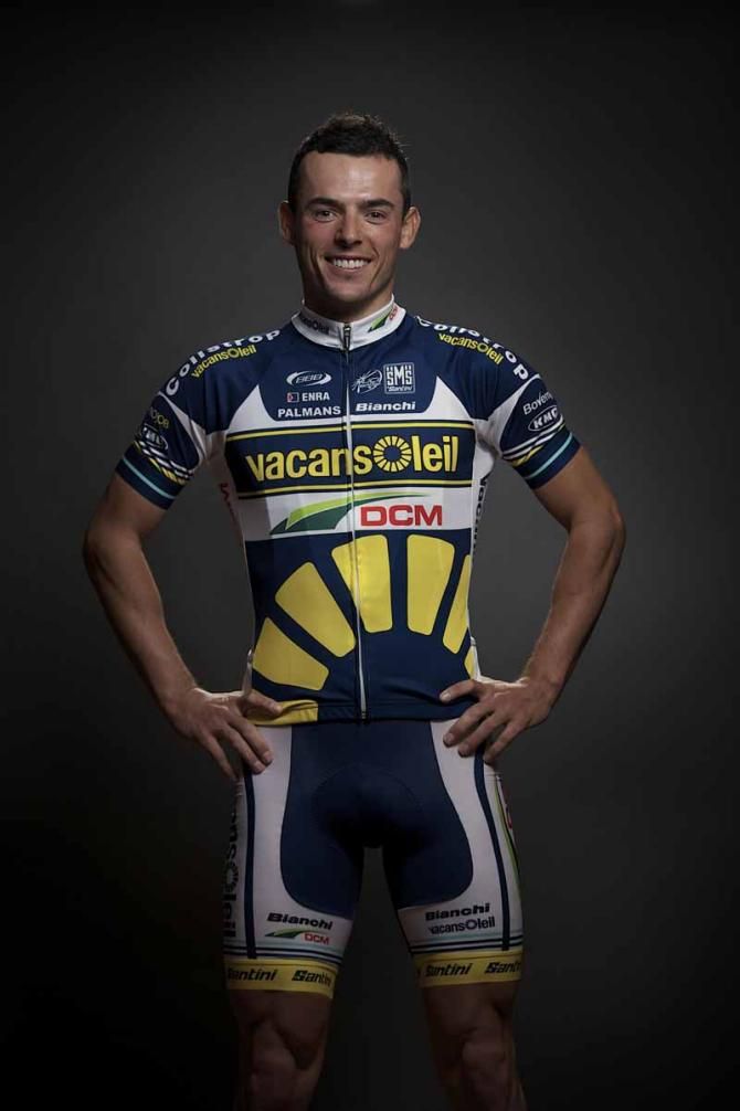 Bjorn Leukemans models the 2013 Vacansoleil-DCM jersey