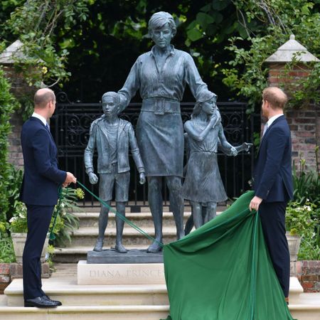 london, england july 01 prince william, duke of cambridge left and prince harry, duke of sussex unveil a statue they commissioned of their mother diana, princess of wales, in the sunken garden at kensington palace, on what would have been her 60th birthday on july 1, 2021 in london, england today would have been the 60th birthday of princess diana, who died in 1997 at a ceremony here today, her sons prince william and prince harry, the duke of cambridge and the duke of sussex respectively, will unveil a statue in her memory photo by dominic lipinski wpa poolgetty images