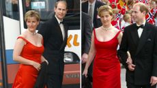 Composite of two pictures of Duchess Sophie wearing a red gown to an event the evening before the wedding of Princess Martha Louise of Norway 