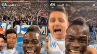 Mario Balotelli celebrates scoring a goal for Marseille by going live on Instagram