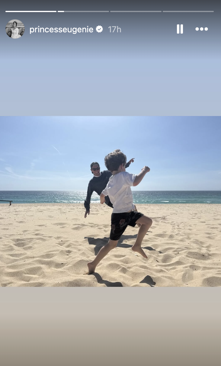 Jack Brooksbank running on the beach with his son