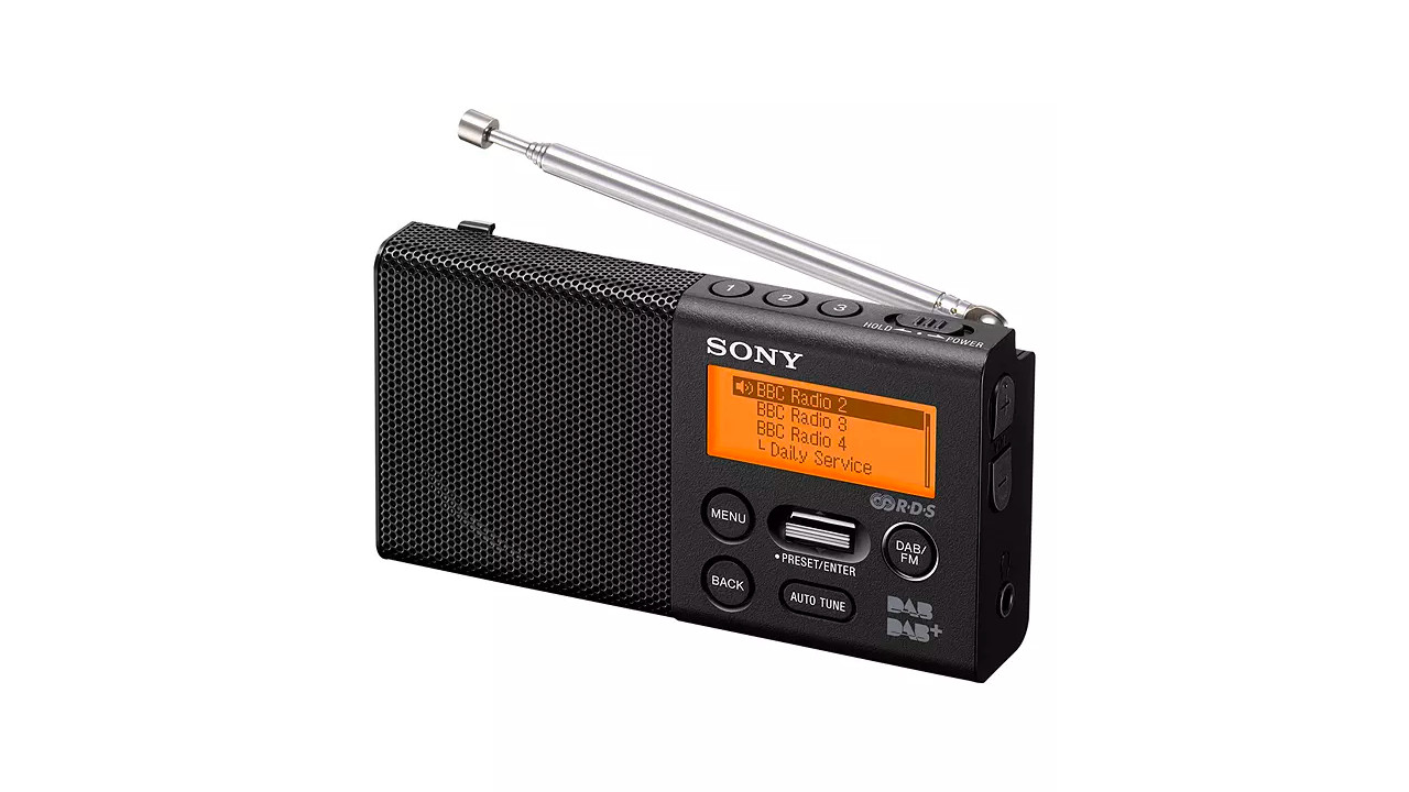 DAB-radion Sony XDR-P1 i svart med orange skärm.