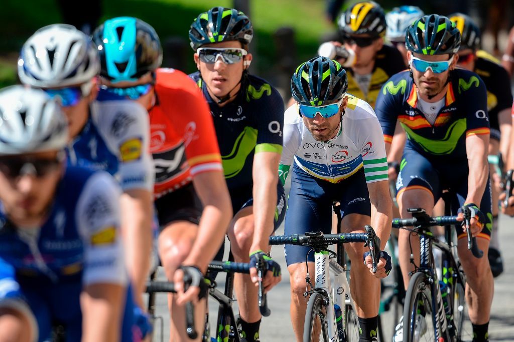 Race leader Alejandro Valverde tucked in in the peloton at the Volta a Catalunya