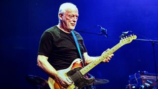 David Gilmour joins Richard Thompson on stage at his 70th Birthday Celebration Show at the Royal Albert Hall on September 30, 2019 in London, England. 