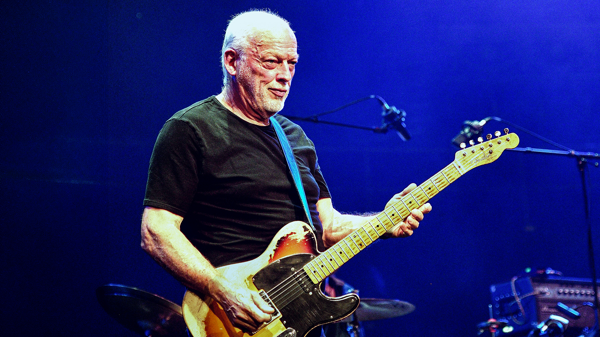 David Gilmour joins Richard Thompson on stage at his 70th Birthday Celebration Show at the Royal Albert Hall on September 30, 2019 in London, England. 