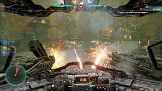 The player's mech is struck by lasers in Hawken Reborn.
