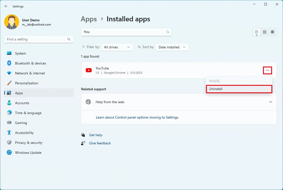 Windows 11 Settings uninstall Android apps