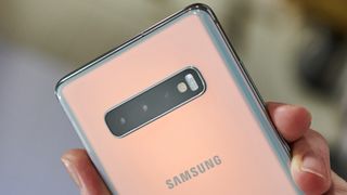 A close-up of the cameras on a Samsung Galaxy S10