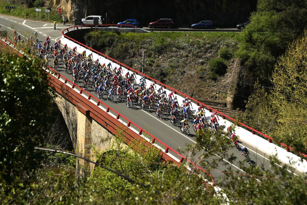 EIBAR SPAIN APRIL 08 A general view of the peloton competing competes during the 62nd Itzulia Basque Country Stage 6 a 1378km stage from Eibar to Eibar UCIWT on April 08 2023 in Eibar Spain Photo by David RamosGetty Images