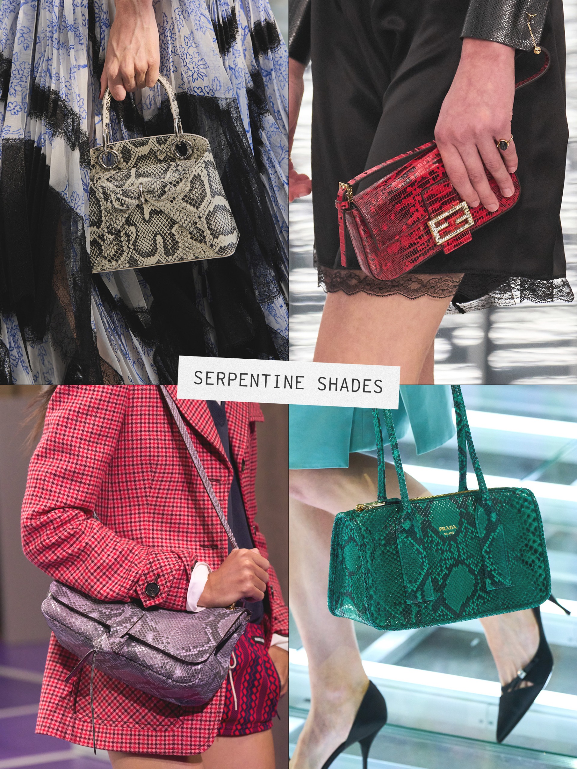 A collage of runway images featuring the major handbag trends of spring/summer 2027.