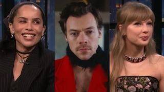 Zoe Kravitz and Taylor Swift are shown on respective appearances to Late Night with Seth Meyers, and Harry Styles is shown in the music video for "As It Was."