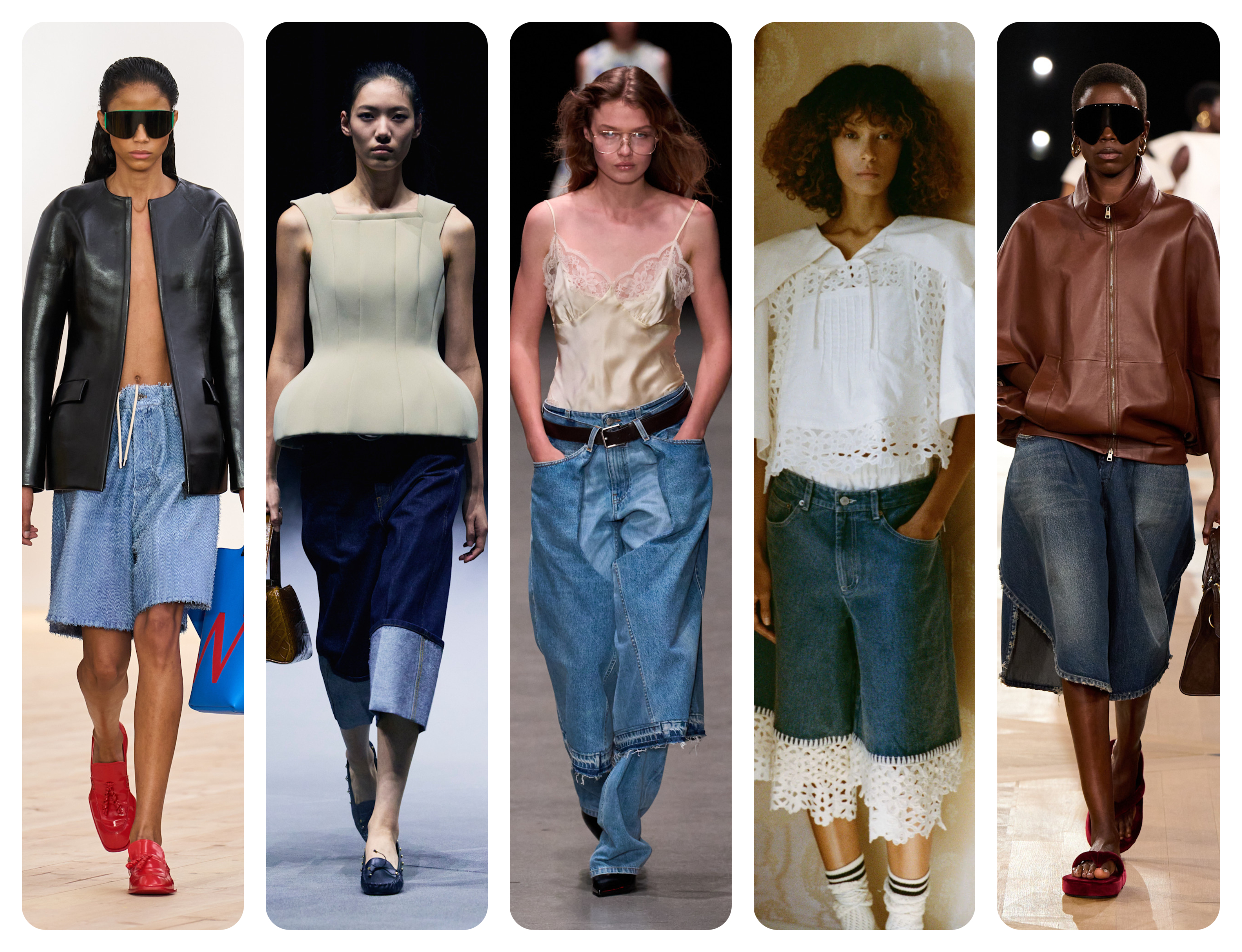 spring 2026 denim trends, baggy bermuda shorts at Loewe, Khaite, Stella McCartney, Sea, Balenciaga