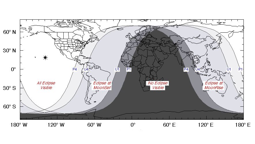 A visibility map for the partial lunar eclipse of Nov. 19, 2021.