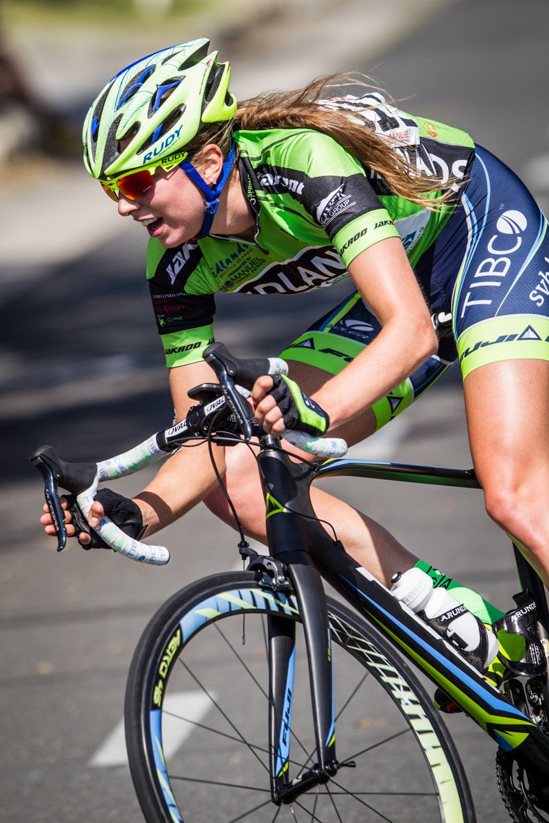 Alizee Brien (TIBCO) sporting the sprint jersey after being off the front yesterday