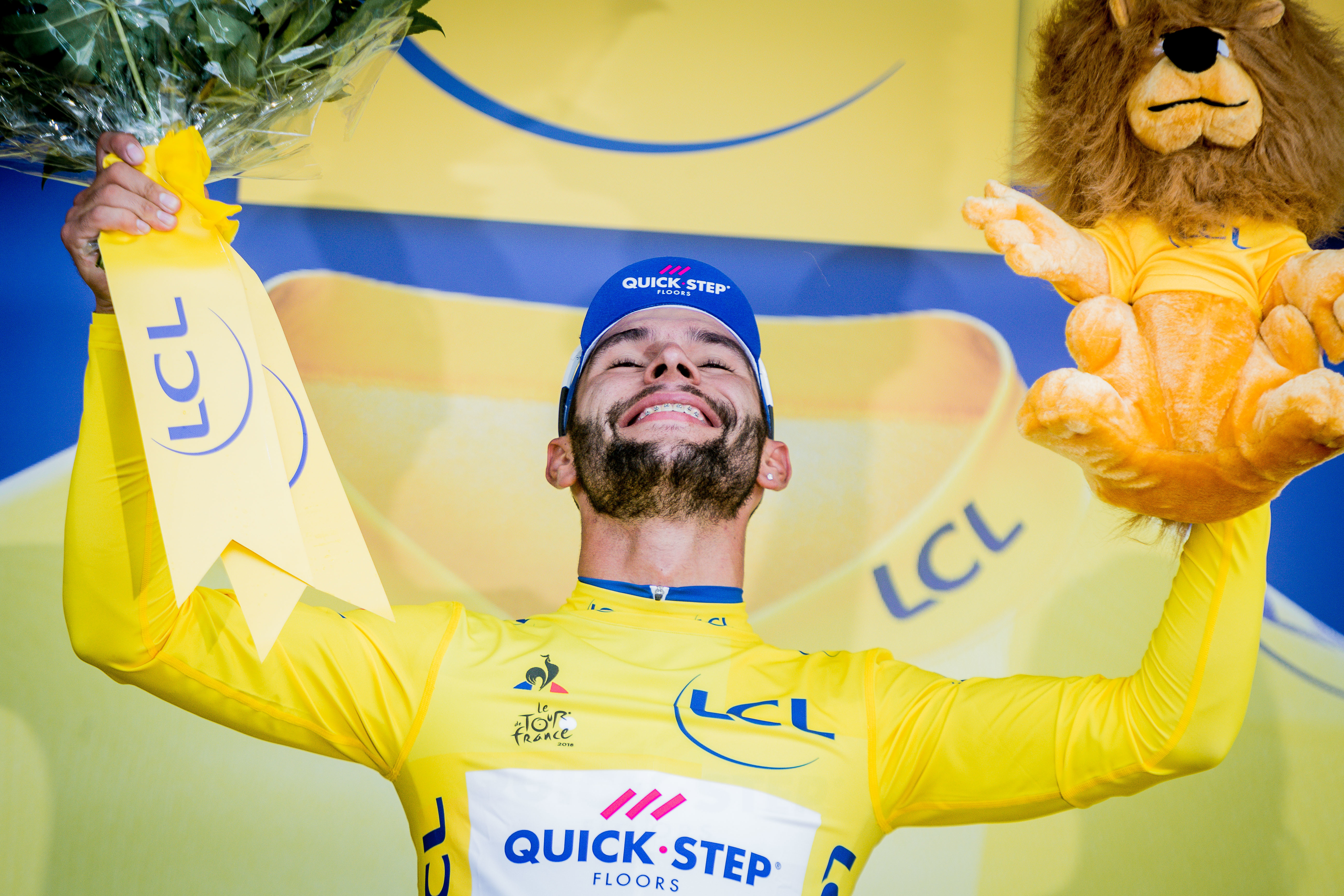 FONTENAY-LE-COMTE, FRANCE - JULY 07: Fernando Gaviria Rendon of team Quick-Step takes 1st place during the stage 01 of the Tour de France 2018 on July 7, 2018 in Fontenay-le-Comte, France. (Photo by James Startt/Agence Zoom/Getty Images)