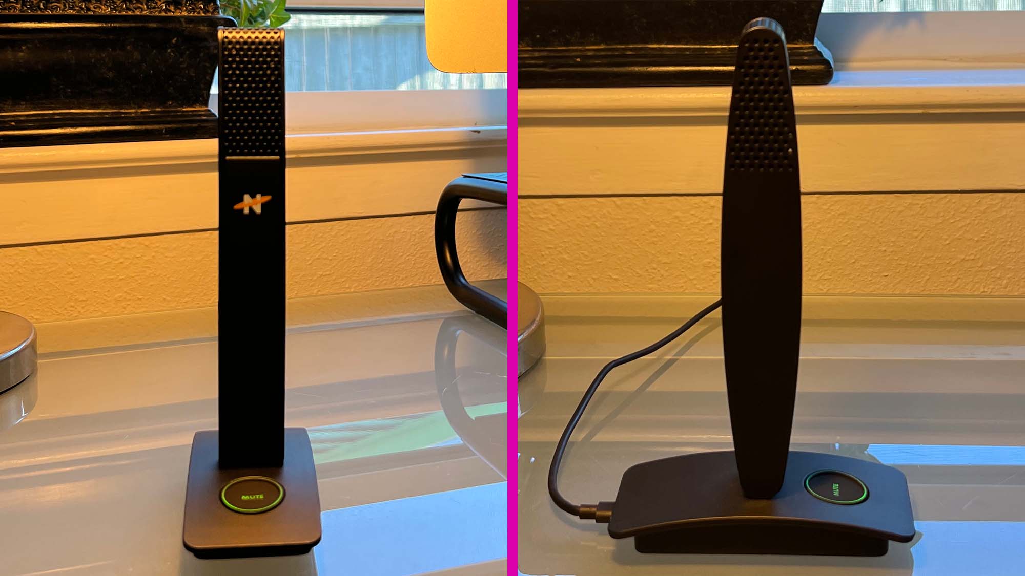 A front and side shot of the Neat Skyline microphone on a desk.