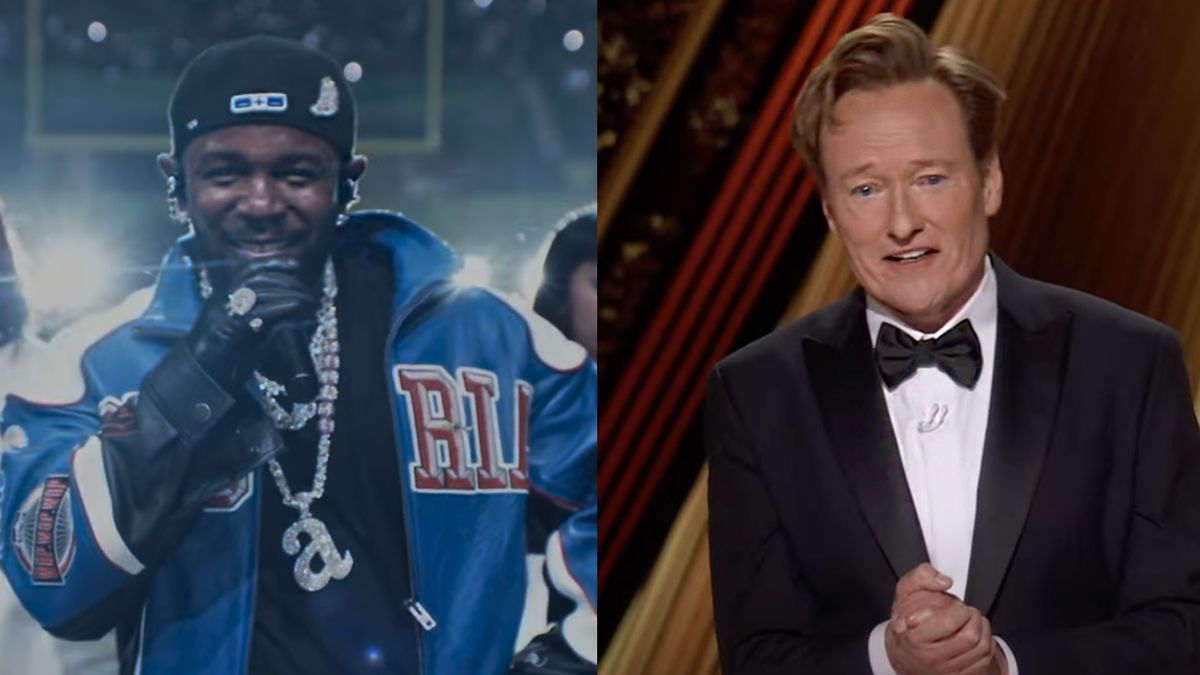 Kendrick, grinning ear to ear, performing at the half time show Superbowl 2025, Conan O&#039;Brien&#039;s opening Monologue at the Oscars 2025. 