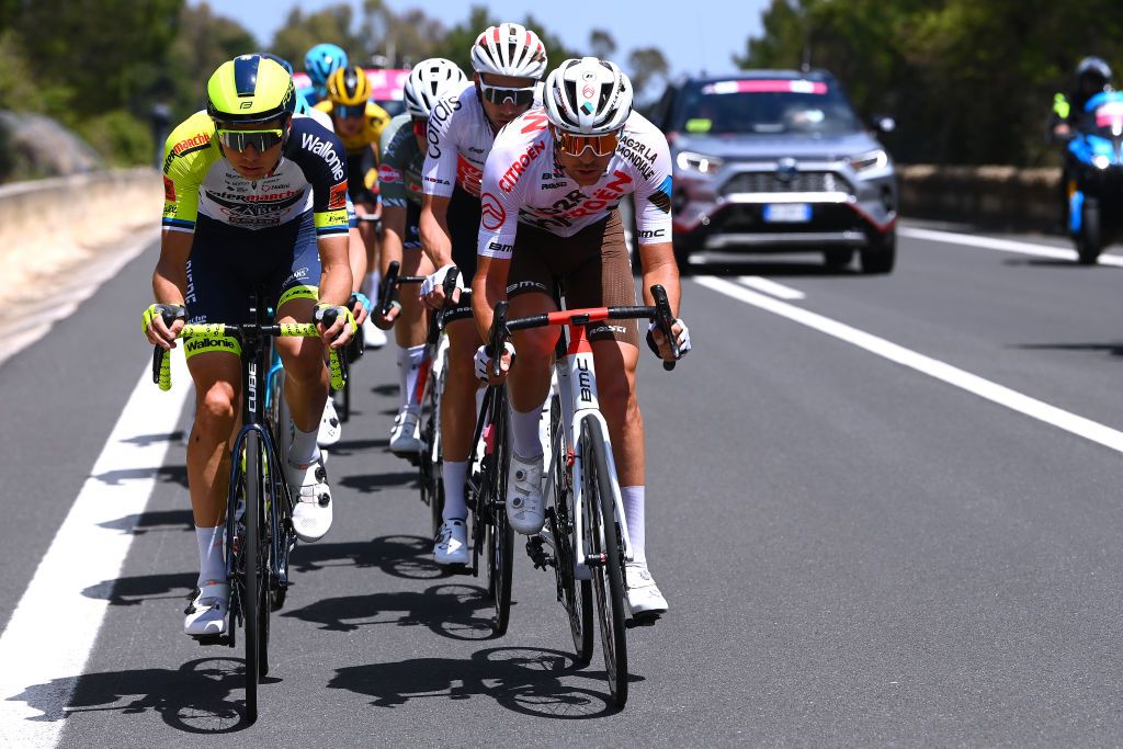 ETNA PIAZZALE RIFUGIO SAPIENZA ITALY MAY 10 LR Rein Taaramae of Estonia and Team Intermarch Wanty Gobert Matriaux and Lilian Calmejane of France and AG2R Citroen Team compete in the breakaway during the 105th Giro dItalia 2022 Stage 4 a 172km stage from Avola to Etna Piazzale Rifugio Sapienza 1899m Giro WorldTour on May 10 2022 in Etna Piazzale Rifugio Sapienza Italy Photo by Tim de WaeleGetty Images