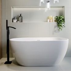 White bathroom on pale tiles with black fixtures