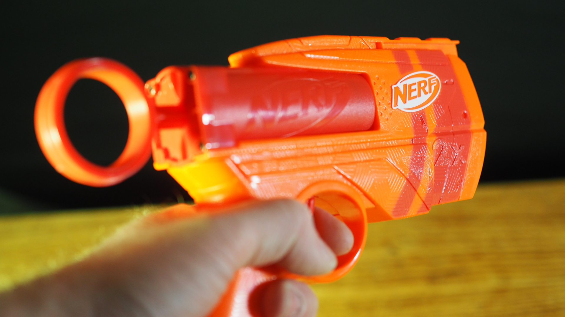 Nerf N-Series Duo Pack blaster being held against a dark background