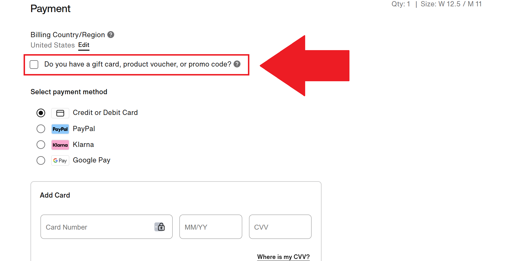 A screenshot of the nike checkout page showing where to enter a nike promo code