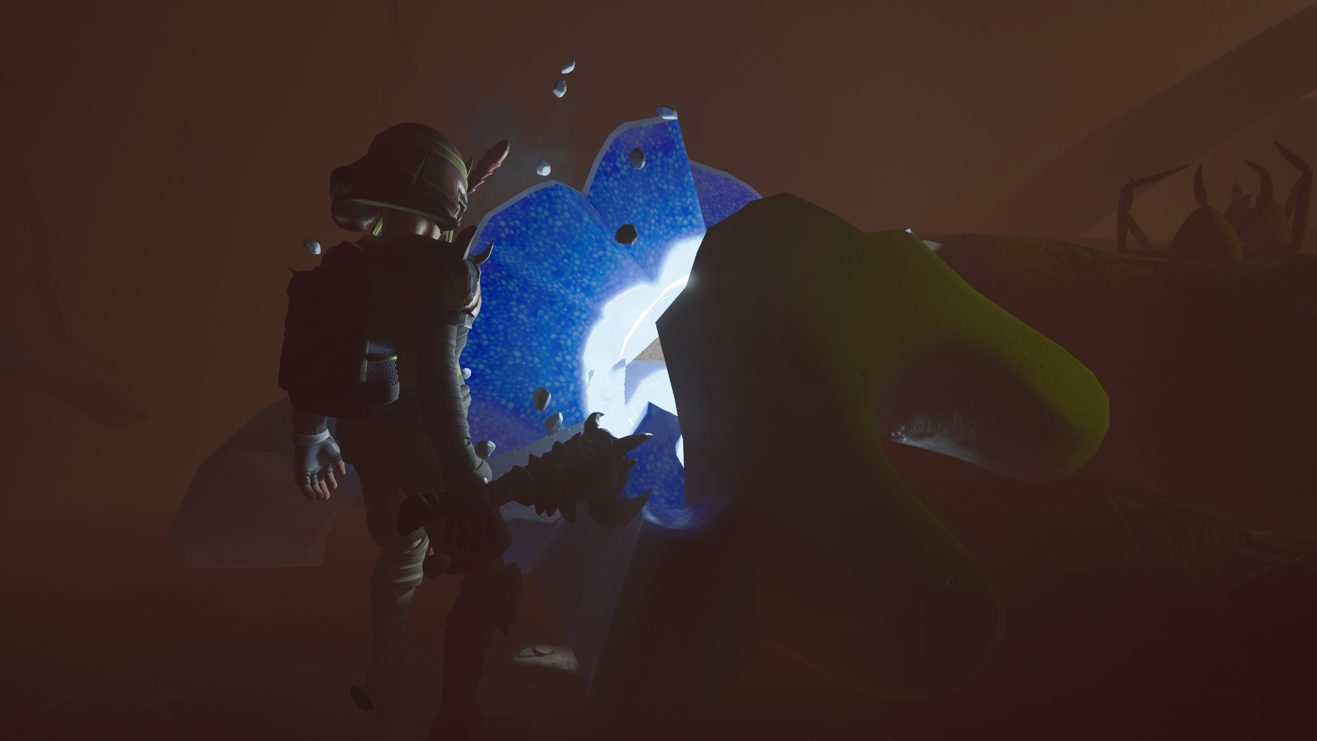Grounded 2 tips: A character holding a club staring into a half-broken Milk Molar glowing inside a dark cave.