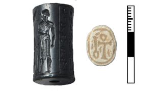 A (right) Mesopotamian cylinder-shaped seal of hematite with a cuneiform inscription dating to the 18th century B.C.; A (left) Egyptian scarab with hieroglyphs, dating to about 1350 B.C.