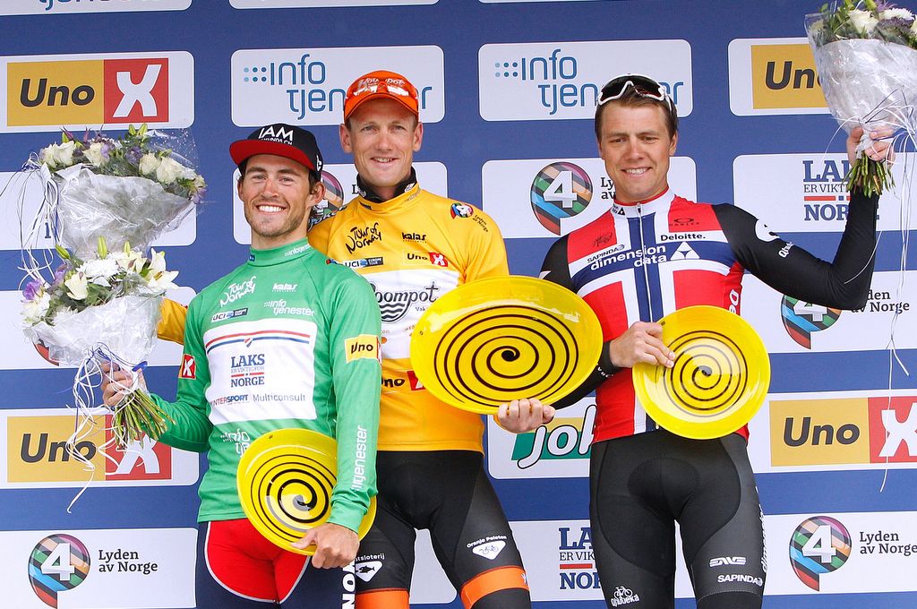 The final podium: Sondre Holst Enger (Norway), Pieter Weening (Roompot - Oranje Peloton) and Edvald Boasson Hagen (Dimension Data)