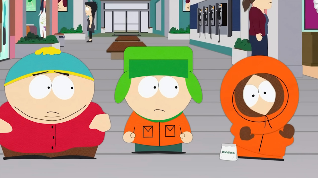 Kenny dancing next to Cartman and Kyle in a public setting in South Park.