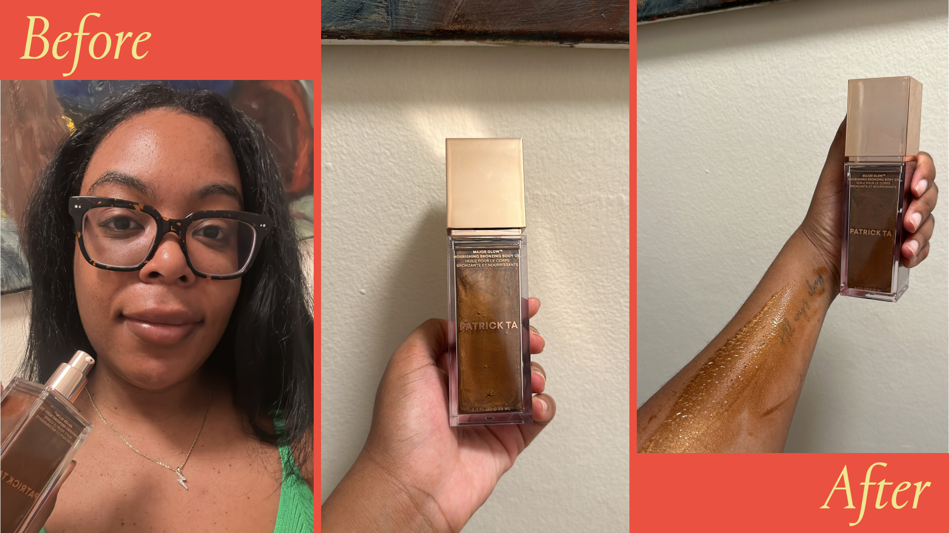 Ariel Baker testing the Patrick Ta Major Glow Nourishing Bronzing Body Oil.