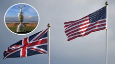 A British flag and USA flag blowing in the wind with an inset of the Claret Jug