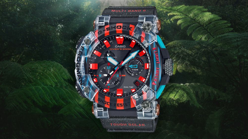 Casio Frogman GWF-A1000APF-1A watch superimposed over jungle leaves