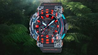 Casio Frogman GWF-A1000APF-1A watch superimposed over jungle leaves