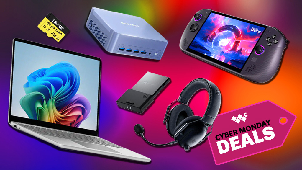 A Surface Laptop, Lexar microSD card, Geekom mini PC, Seagate Expansion card, Razer headset, and Legion Go S (SteamOS) floating over a colorful background. A coupon-shaped graphic in the bottom right corner shows the Windows Central logo and says, &quot;Cyber Monday Deals.&quot;