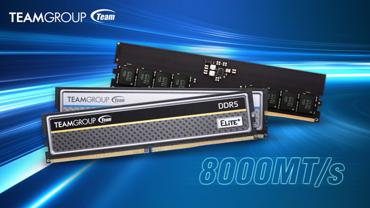 A promotional image of a Team Group DDR5 Elite Plus memory kit