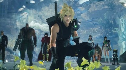 Cloud and the rest of the Final Fantasy 7 Revelation crowd approach a flowerbed