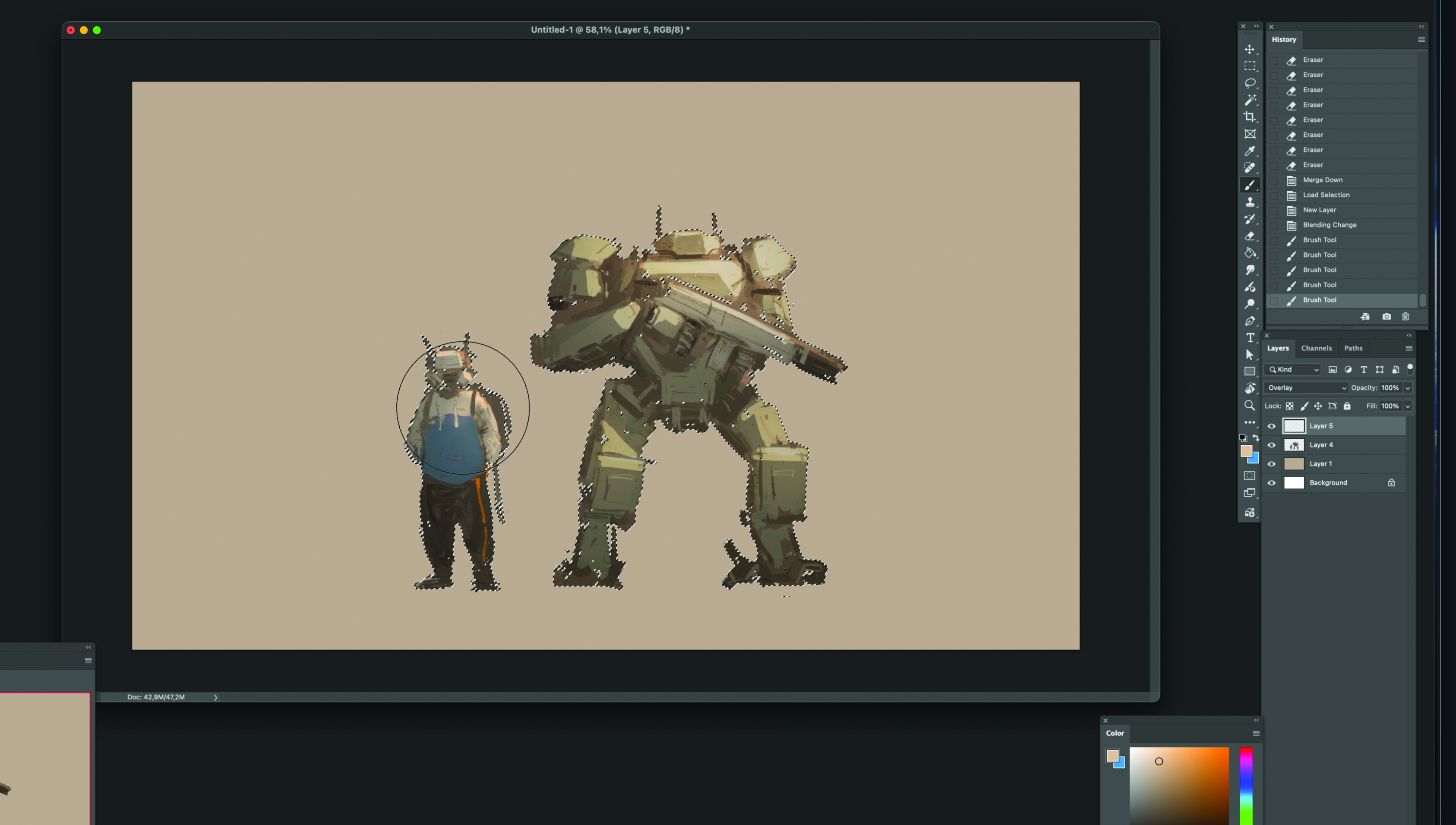Part of the process of creating concept art with a robot character