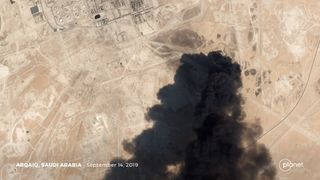 This photo, taken by a Planet Dove satellite, shows a vast plume of smoke from oil processing facilities in Abqaiq, Saudi Arabia after a drone strike claimed by Yemeni Houthi rebels.