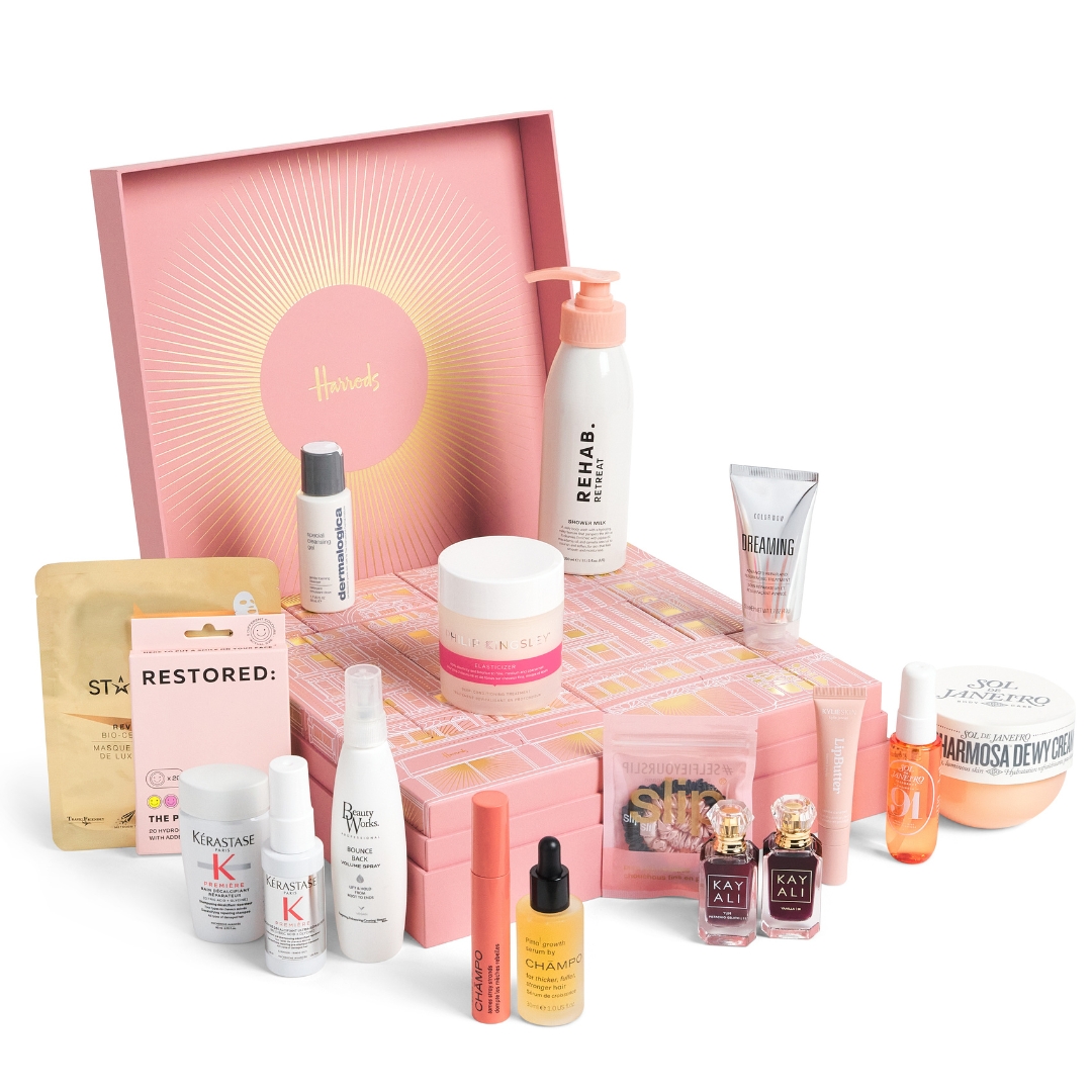 Harrods 12 Days of Hair &amp;amp; Body Advent Calendar 2026 with its contents in front of it