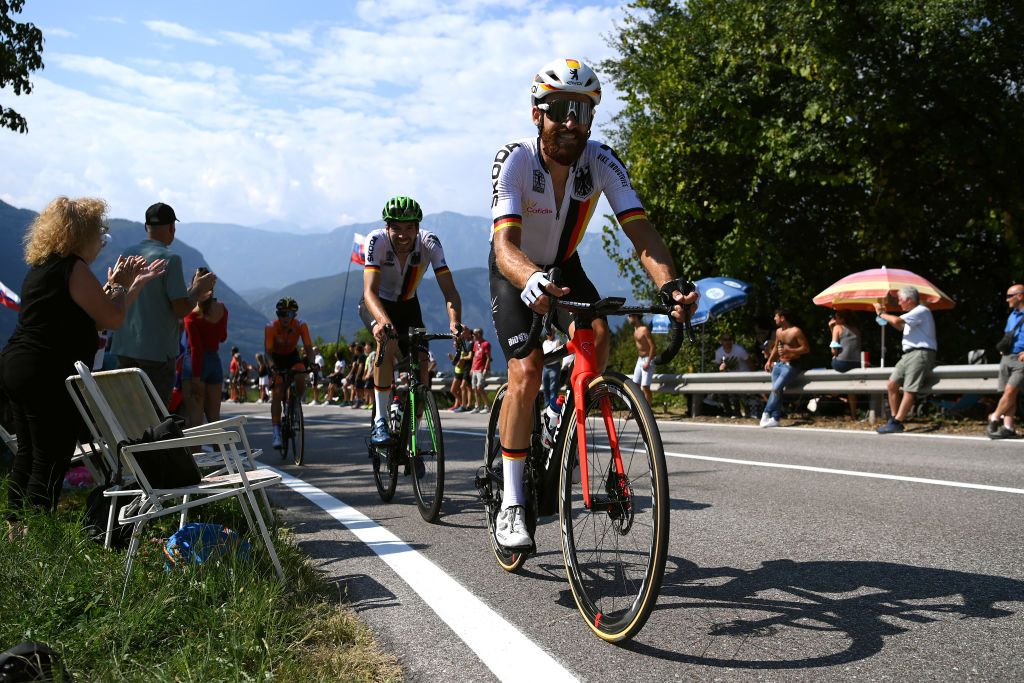 TRENTO ITALY SEPTEMBER 12 LR Jonas Rapp of Germany and Simon Geschke of Germany compete during the 27th UEC Road Cycling European Championships 2021 Elite Mens Road Race a 1792km race from TrentoPiazza Duomo to TrentoPiazza Duomo UECcycling on September 12 2021 in Trento Italy Photo by Justin SetterfieldGetty Images